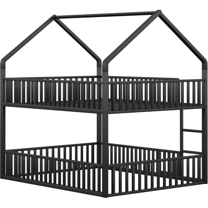 Двоярусне ліжко 140x200 см для 2 дітей, з будиночком, сходами та дверцятами, металеве, з захистом від падіння та ламелями (чорне)