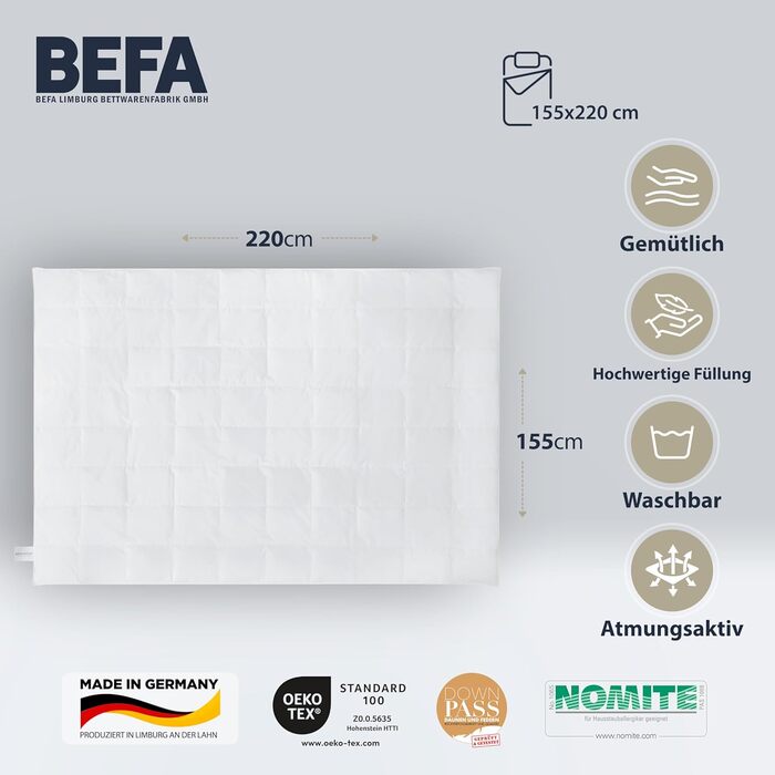 Пухова ковдра BEFA NATUR 135x200 см, 90 пух, підходить для алергіків, Oeko-Tex 100, Downpass