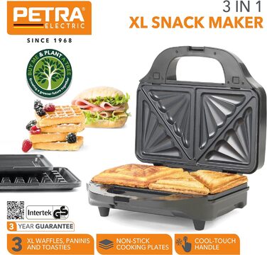 Мультигриль Petra PT2143TVDEEU7 XL - Контактний гриль 3в-1, знімні пластини вафельниці, пластини з антипригарним покриттям, які легко чистити 28,5 см, тарілка для паніні/сендвічів, сніданок/обід, 900 Вт 3-в-1 XL мультигриль