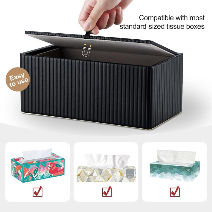 KINGFOM Склянка для серветок з золотим оздобленням, шкіра PU, чорна, прямокутна | Склянка для серветок у вітальню, ванну кімнату, офіс