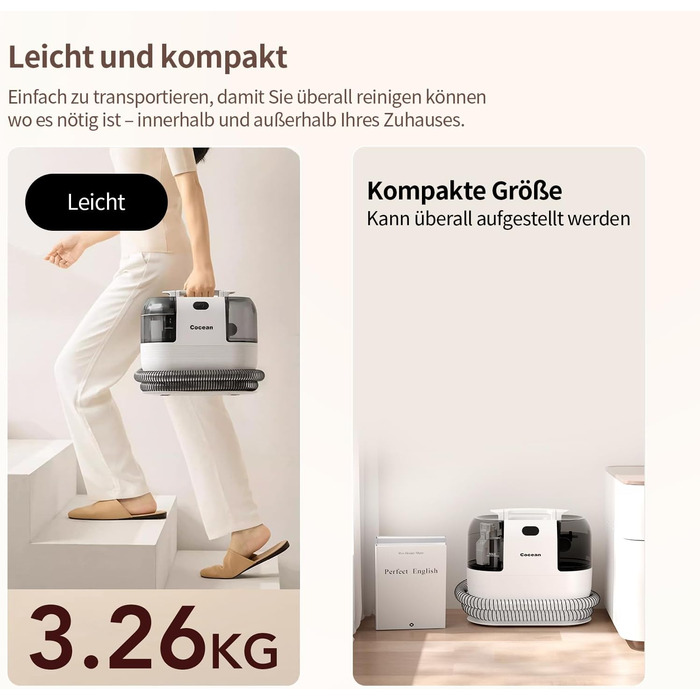 COCEAN Потужний пилосос для миття килимів та м'яких меблів, 18Kpa, для дому та автомобіля, білий