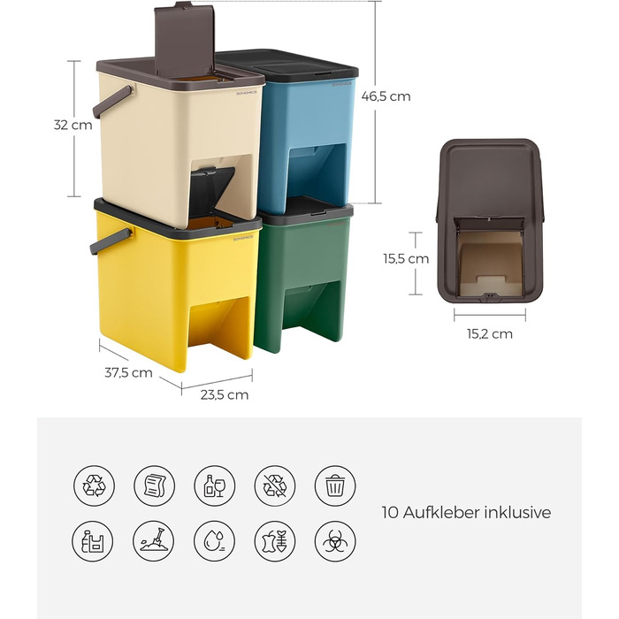 Штабельовані сміттєві баки SONGMICS 20 л, набір з 4 шт. , система відділення сміття, відкидна кришка, в т.ч. наклейки, 4 кольори