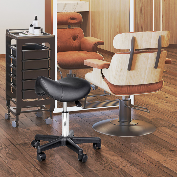 HOMCOM Swivel Stool Регульований по висоті поворотний табурет з коліщатками, поворотне салонне крісло зі штучної шкіри чорного кольору, ідеально підходить для перукарень та офісів