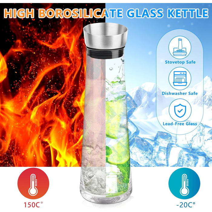 Скляна карафа для води та напоїв з кришкою та виливом, 1.5 літра