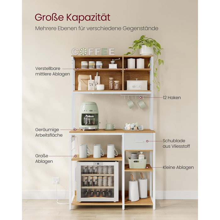 Полиця кухонна VASAGLE з розетками, підлогова, 40 x 100 x 180,4 см, полиця для випічки, регульовані полиці, тканинний ящик, 12 гачків, для кухні, антрацитово-чорний, KKS027B02