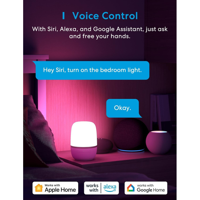 Приліжковий світильник meross Wi-Fi, сумісний з Apple HomeKit, Alexa, Google з регулюванням яскравості, RGBCW, сенсорний.