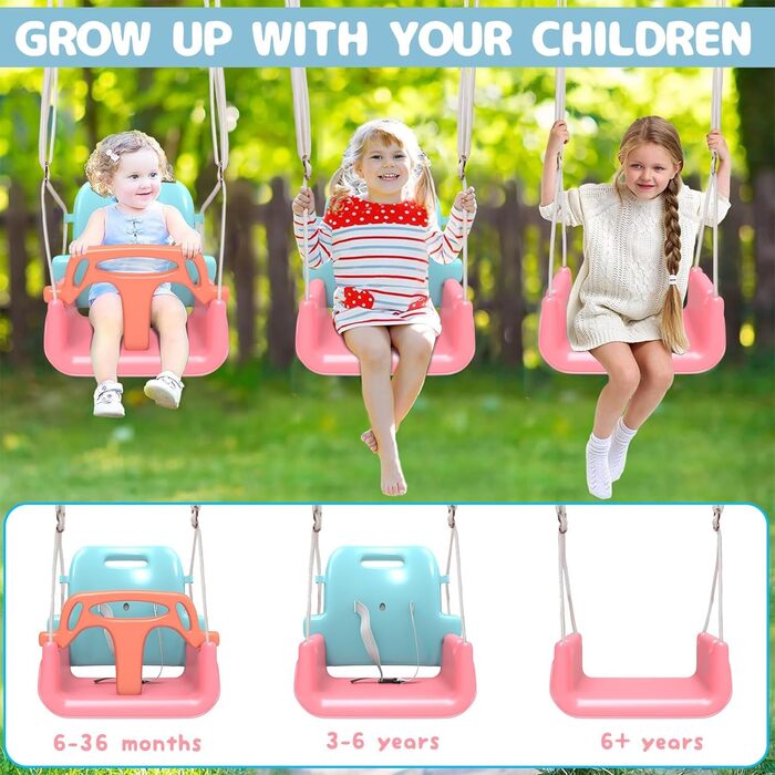 Дитяча гойдалка-шезлонґ 3-в-1 для дому та вулиці з металевим каркасом, рожева. Підходить для дітей від 6 місяців до 10 років