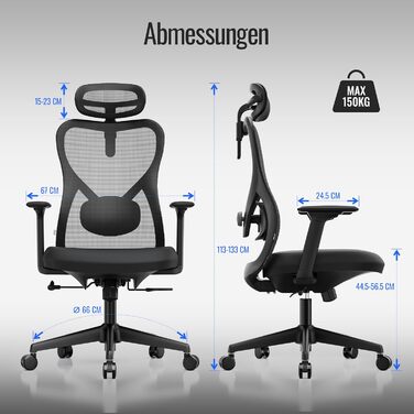 Yaasa Chair Plus: Ергономічне офісне крісло з підголівником, 2D-підтримкою попереку та 4D-підлокітниками. Переможець тесту! Чорний, до 150 кг.