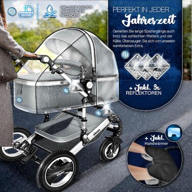 Дитяча коляска 3 в 1 KIDUKU® XXL Комплект | Комбінована коляска з люлькою, візком та автокріслом | З підніжкою, сумкою для підгузків, гріючою для рук, дощовиком, столиком для дитини | З гумовими колесами ECE R129 сірого/срібного кольору