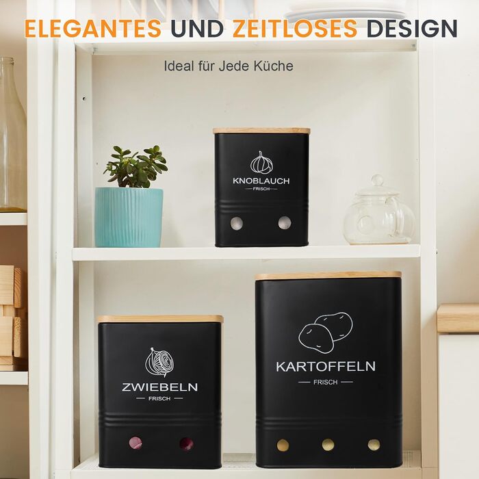 Набір контейнерів для зберігання картоплі, цибулі та часнику (3 шт) з бамбуковими кришками - Моз (Moz) - Чорний
