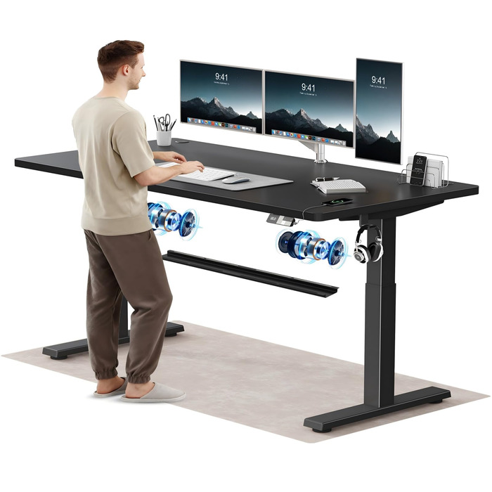 Електричний підйомний стіл Devoko 180x80 см, ергономічний комп'ютерний стіл для роботи сидя-стоячи з двома моторами, пам'яттю та USB-C (чорний)