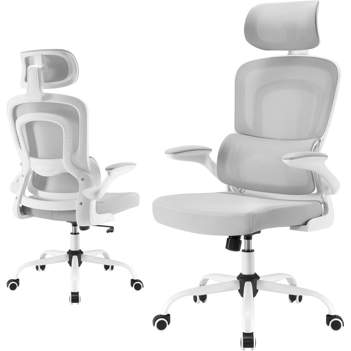 Ергономічне крісло Farini для офісу та дому: регульоване, з підголівником, сіро-біле. Крісло для комп'ютера, керівника, home office.