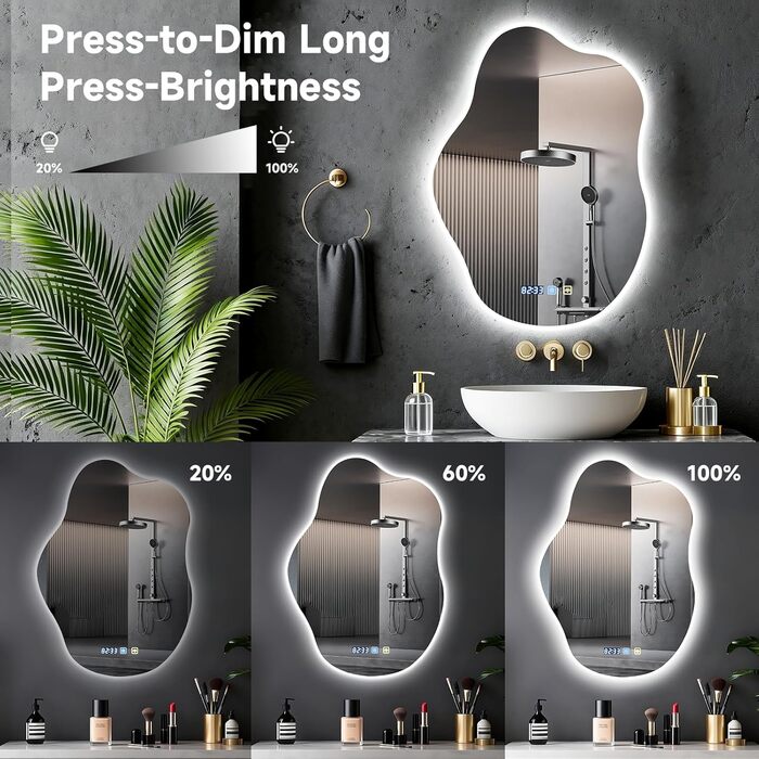 Дзеркало для ванної кімнати Sararoom з підсвічуванням, кругле LED дзеркало 70x50 см, 3 кольори світла, диммування, антизапар, пам'ять, загартоване скло