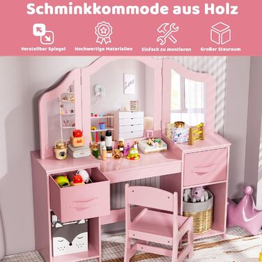 Дитячий туалетний столик MAMIZO 2 в 1 з дзеркалом та стільчиком, рожевий, з 2 висувними ящиками