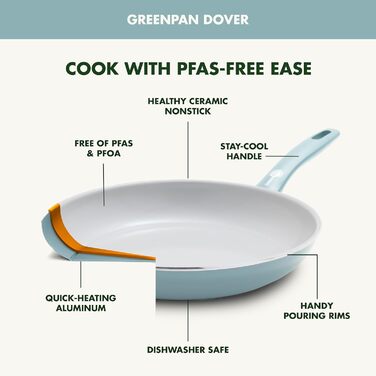 GreenPan Dover Сковорода з лопаткою, антипригарне покриття Ceramic, нетоксична, без PFAS, для яєць та омлетів, безпечна для миття в посудомийній машині та духовці, холодна ручка, легке виливання, блакитний дим, діаметр 20 см