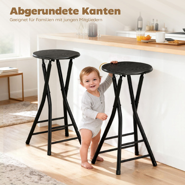 Набір з двох барних стільців, складані, зі сталевим каркасом, кухонні стільці з подвійною підніжкою, розмір 34 x 30 x 70 см, чорний