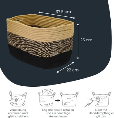 Набір кошиків для зберігання HMF, 3 шт., з прихованими ручками, бавовна, 37,5 x 25 x 22,5 см, чорний-медовий