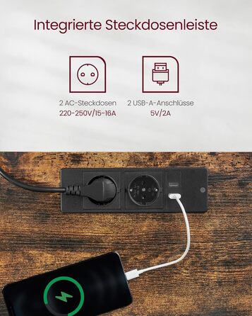 Електричний регульований стіл VASAGLE, 60 x 140 см, з пам'яттю висоти, розетками та ящиком, кольори: білий + горіх, LSD112W01