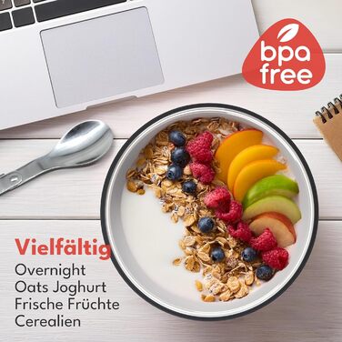 Кружка LEBENLANG для мюслі та йогурту To Go з ложкою - ізольована, з нержавіючої сталі, 650 мл. Ідеально для мюслі, йогурту, каші, для дітей та дорослих, в дорогу (Чорний)