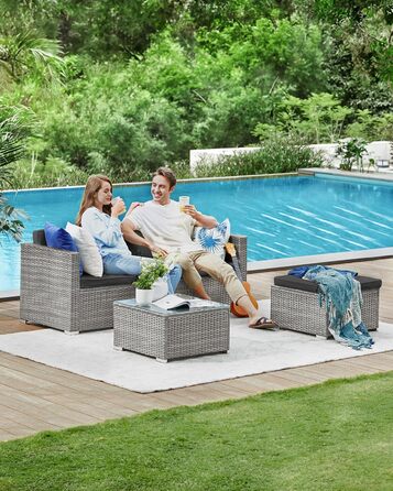 Садовий набір меблів SONGMICS з ротангу для балкона та тераси: кутовий диван, комплект з подушками та скляним столом, сірий