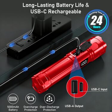 Ліхтарик Blukar LED з двома кольорами температури, бічне COB-світло, акумуляторний, яскравий, з регулюванням яскравості та зумом, 7 режимів, водонепроникний, для кемпінгу та надзвичайних ситуацій (Червоний)