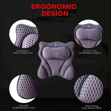 Подушка для ванни 4D Luxus, для голови, шиї, плечей та спини, ергономічна, з 6 присосками, для джакузі та домашнього спа (Чорний)