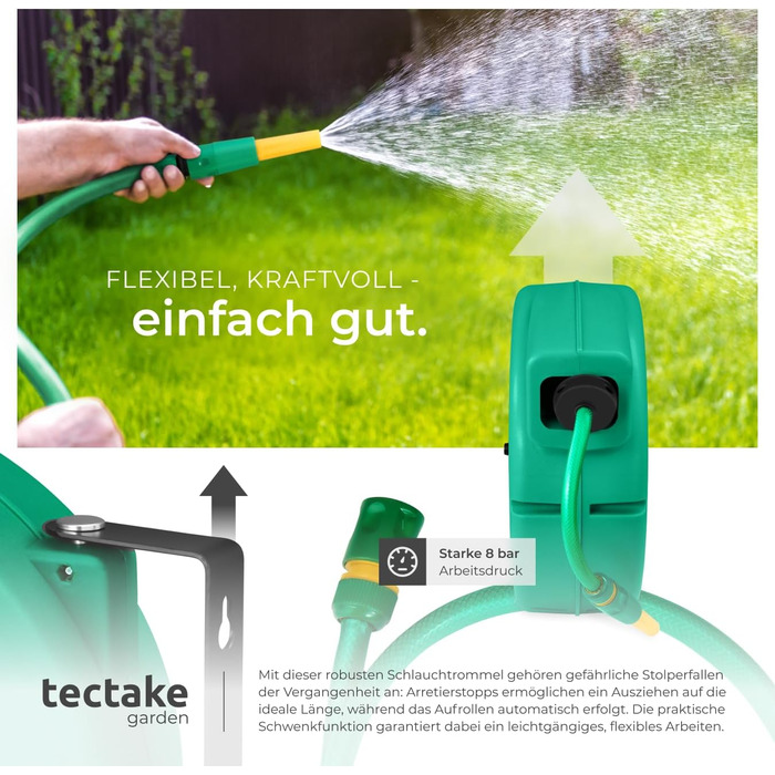Шланговий барабан Tectake® настінний, 1/2 дюйма, 10м, з автозмотуванням, для саду та городу, водяний шланг, котушка для шланга, розпилювач