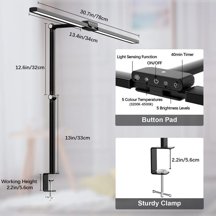 Світлодіодна настільна лампа з регульованою яскравістю, Настільна лампа Bravzurg 78 см 24 Вт з затиском з датчиком освітленості, 5 колірних температур, 5 рівнів яскравості, настільна лампа з функцією пам'яті для монітора, офісу, кабінету