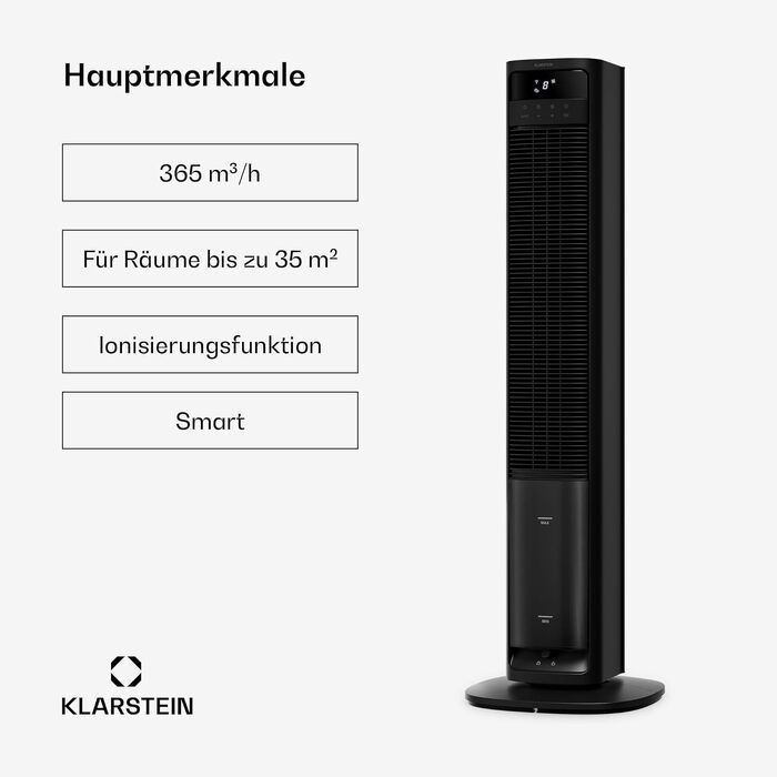Мобільний кондиціонер Klarstein 5-в-1: охолоджувач повітря, вентилятор, зволожувач, очищувач, нічний режим, 360 м³/год, 50 Вт, чорний, Smart