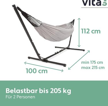 Гамак з підставкою Vita5 для двох осіб, вуличний двопомісний гамак з сумкою для перенесення, витримує до 200 кг, сірий — для саду, тераси, балкона та дому