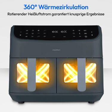 MEDION P20 XXL Фритюрниця з гарячим повітрям з 2 камерами (8,7 л, Airfryer, 2600 Вт, подвійна камера, 10 автоматичних програм, 2 висувні ящики, віконце, Dual Airfryer, ILAG PFAS-free, MD11760) матово-білий, матово-сірий