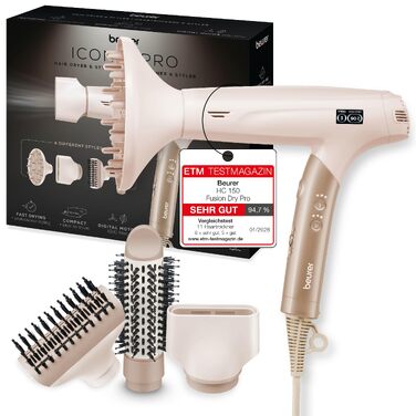 Фен для волосся Beurer HC 150 FusionDry Pro з цифровим двигуном, іонізацією та набором з 4 насадок, складаний дорожній