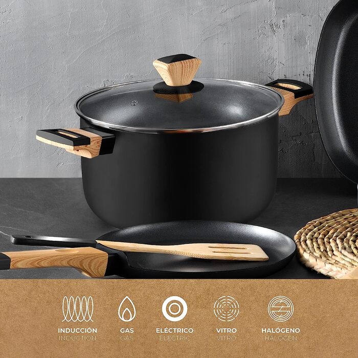 Каструля BERGNER Earth Black 24 см, алюмінієва з антипригарним покриттям, дерев'яна ручка, для індукції та всіх типів плит, з кришкою, чорна