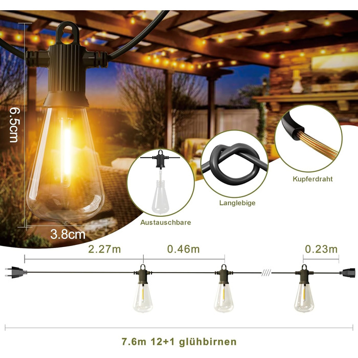 Гірлянда світлова LED Kawaya для вулиці 30м, 52 лампочки ST38, IP65, теплий білий 2700K, для саду, тераси, весілля, вечірки