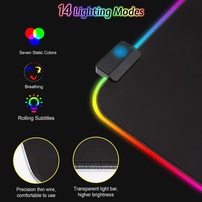 Килимок для миші ігровий RGB 900x400mm XXL чорний. Водостійкий, з підсвічуванням, антиковзаючий для ПК, ноутбука, ігор.