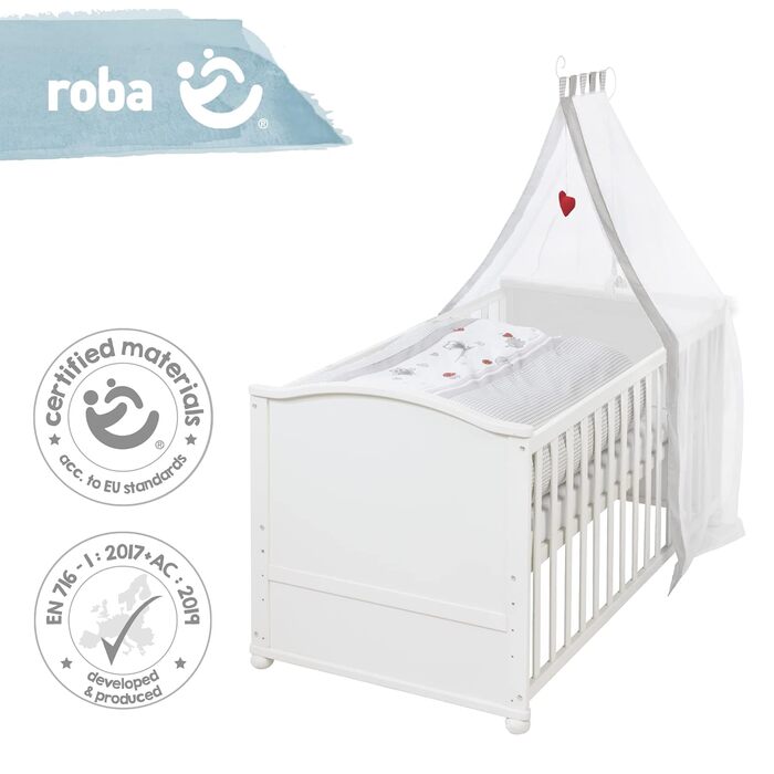 Дитяче ліжечко roba Adam & Eule 70x140 см, біле, комплект: матрац, постіль, балдахін, дерев'яне, регульоване, трансформується у підліткове