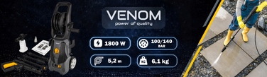 Мийка високого тиску VENOM 1800W, алюмінієвий насос, 140 бар, шланг 5,2 м з котушкою