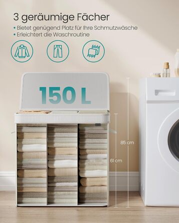 Кошик для білизни SONGMICS з кришкою, бамбуковий, знімний і праний мішок, 150 л, з ручками, для ванної, спальні, вітальні, білий