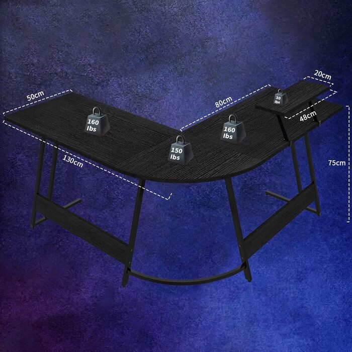 Кутовий комп'ютерний стіл JUMMICO L-формат 130x130x75 см, ігровий стіл зі стійкою для монітора, чорний, міцна сталева рама
