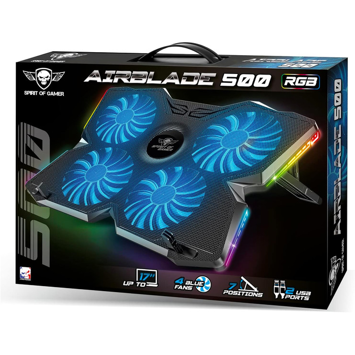 Охолоджувач для ноутбука Spirit of Gamer AIRBLADE 500 (10-17 дюймів), 4 тихі вентилятори, RGB підсвітка, сумісність з PC, PS5, PS4, Xbox