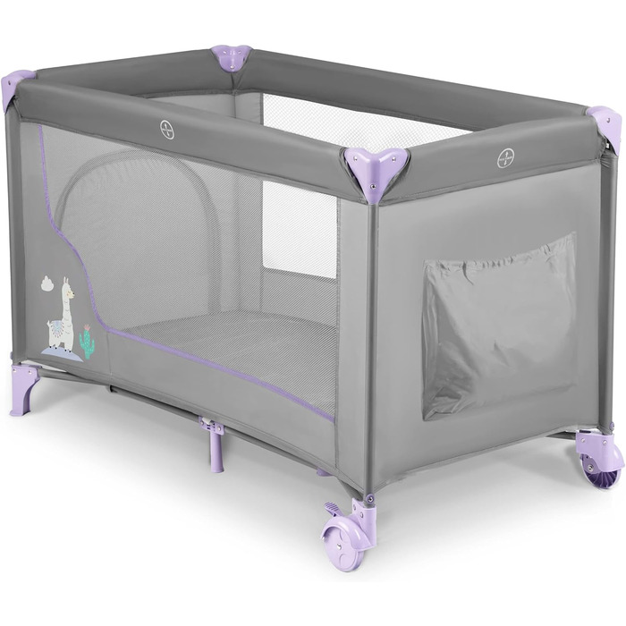 Дитяче ліжечко-манеж Ricokids, складане, 125x65x78 см, 15 кг, з матрацом і колесами, бічний вхід, світло-сірий та лавандовий