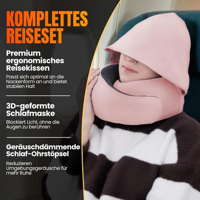 Подорожня подушка для шиї з капюшоном з ефектом пам'яті (Memory Foam) для літака та авто, 100% бавовна, захист від світла, Sakura Pink, Hooded Pro