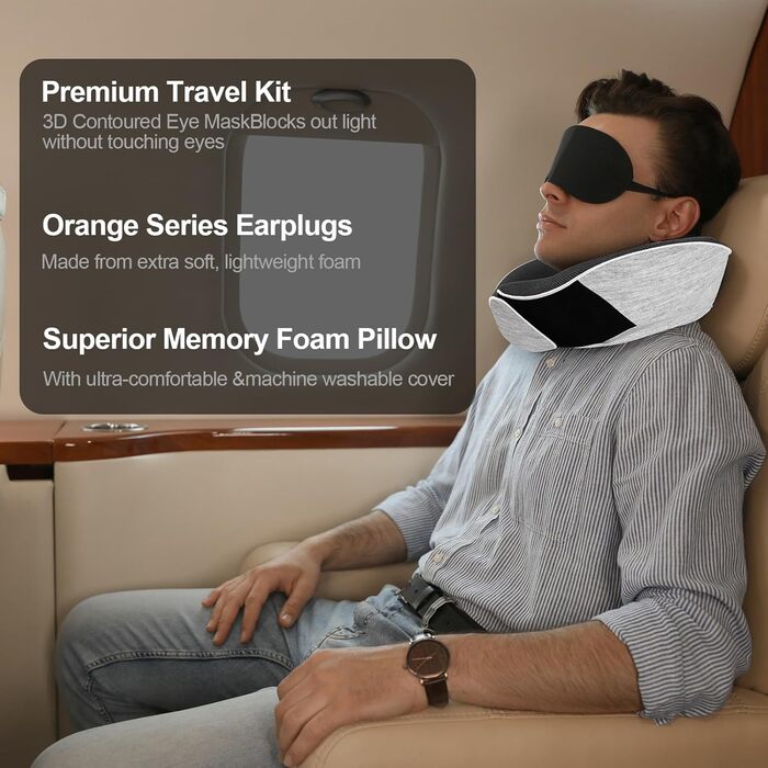 Ергономічна подушка для шиї Collazoey з ефектом пам'яті (Memory Foam) для подорожей, набір з маскою для сну, берушами та сумкою для зберігання, світло-сіра