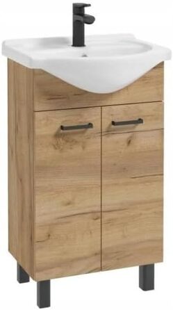 Підлогова тумба для ванної Domodomo з умивальником 85x50x41 см, комплект: керамічна раковина, сифон, чорний змішувач, дуб Craft, елегантний дизайн