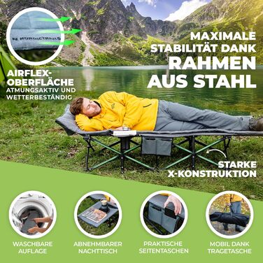 Розкладне кемпінгове ліжко NORDICTRAILS XXL з м'яким матрацом, сіре (190 x 70 см) — зручне похідне ліжко для відпочинку, риболовлі та гостей