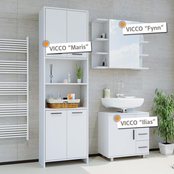 Комплект меблів для ванної Vicco Maris, білий, 3 предмети: пенал, дзеркальна шафа, тумба під умивальник