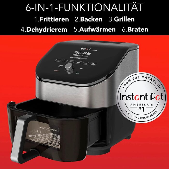 Електрична аерофритюрниця Instant Vortex Plus 5.7 л з оглядовим вікном, нержавіюча сталь, 6-в-1 – фритюр, випікання, запікання, гриль, дегідрація, підігрів, 1700 Вт, цифрове керування, велика місткість