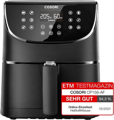 Аерофритюрниця COSORI 5,5 л XXL, цифровий LED-екран, 13 програм, без олії, 1700 Вт, чорна, преміум