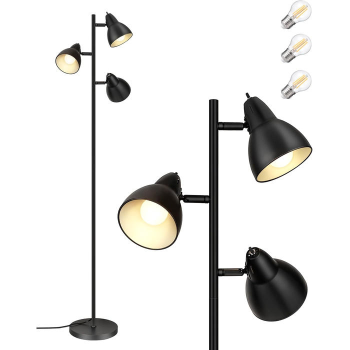 Торшер EDISHINE 163 см, 3 лампи, чорний, з LED-лампою E27, регульований, вінтажний, для вітальні, спальні, офісу, з індивідуальними вимикачами, сучасний дизайн, лампа у комплекті