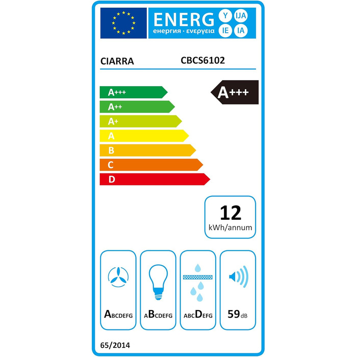 Витяжка для кухні CIARRA CBCS6102 A+++ 60см, чорна, продуктивність 650м³/год, з вугільним фільтром CBCF003, сенсорне керування, режим рециркуляції та відведення повітря
